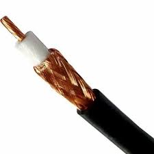 A coaxial cable cut away in layers: black jacket, braided copper shield, white dielectric and copper centre conductor