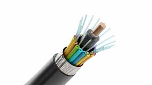 A fibre-optic cable cut open: armoured jacket, colour-coded buffer tubes and fanned-out glass fibres