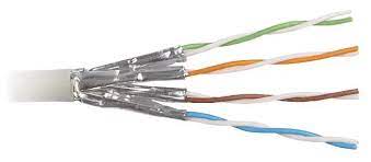 A white shielded cable with foil wrapped around each of its four pairs
