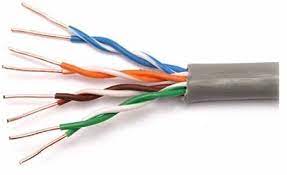 A grey UTP cable stripped back to show four twisted pairs: blue, orange, brown and green