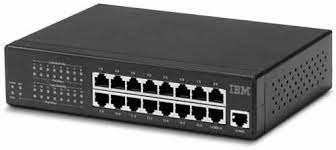 A black 16-port RJ-45 desktop hub with an LED status panel