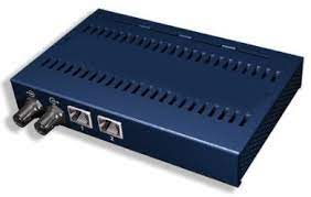 A small dark-blue metal box with ventilation slots, two BNC coaxial connectors and two RJ-45 ports labelled 1 and 2