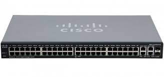 A grey rack-mounted switch with 48 RJ-45 ports and uplink ports
