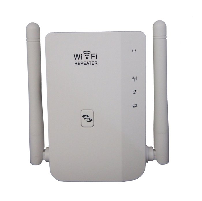 A white Wi-Fi repeater with two antennas, a WPS button and status LEDs for power, wireless, link and LAN