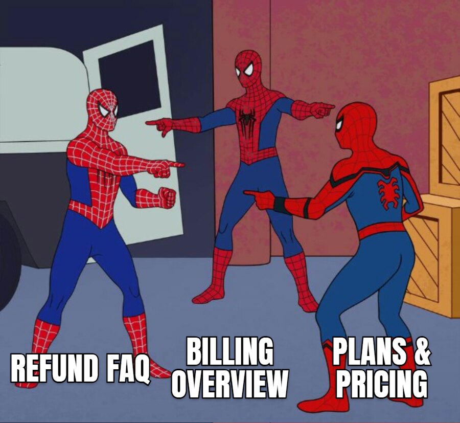 Spider-Man pointing (three) meme. Refund FAQ / Billing overview / Plans and pricing. Five chunks came back and nothing distinguished any of them.