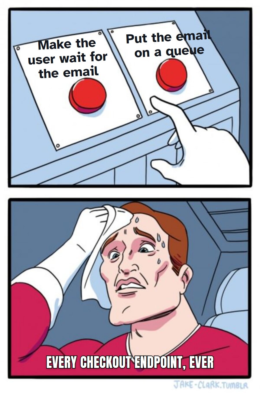 Two Buttons meme. Make the user wait for the email / Put the email on a queue / Every checkout endpoint, ever