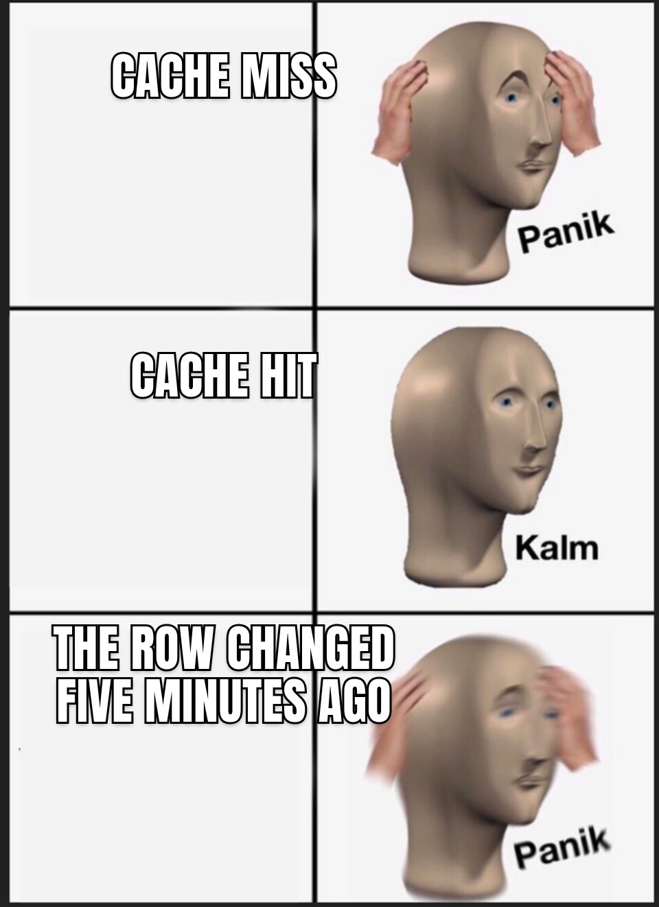 Panik / Kalm / Panik meme. Cache miss / Cache hit / The row changed five minutes ago