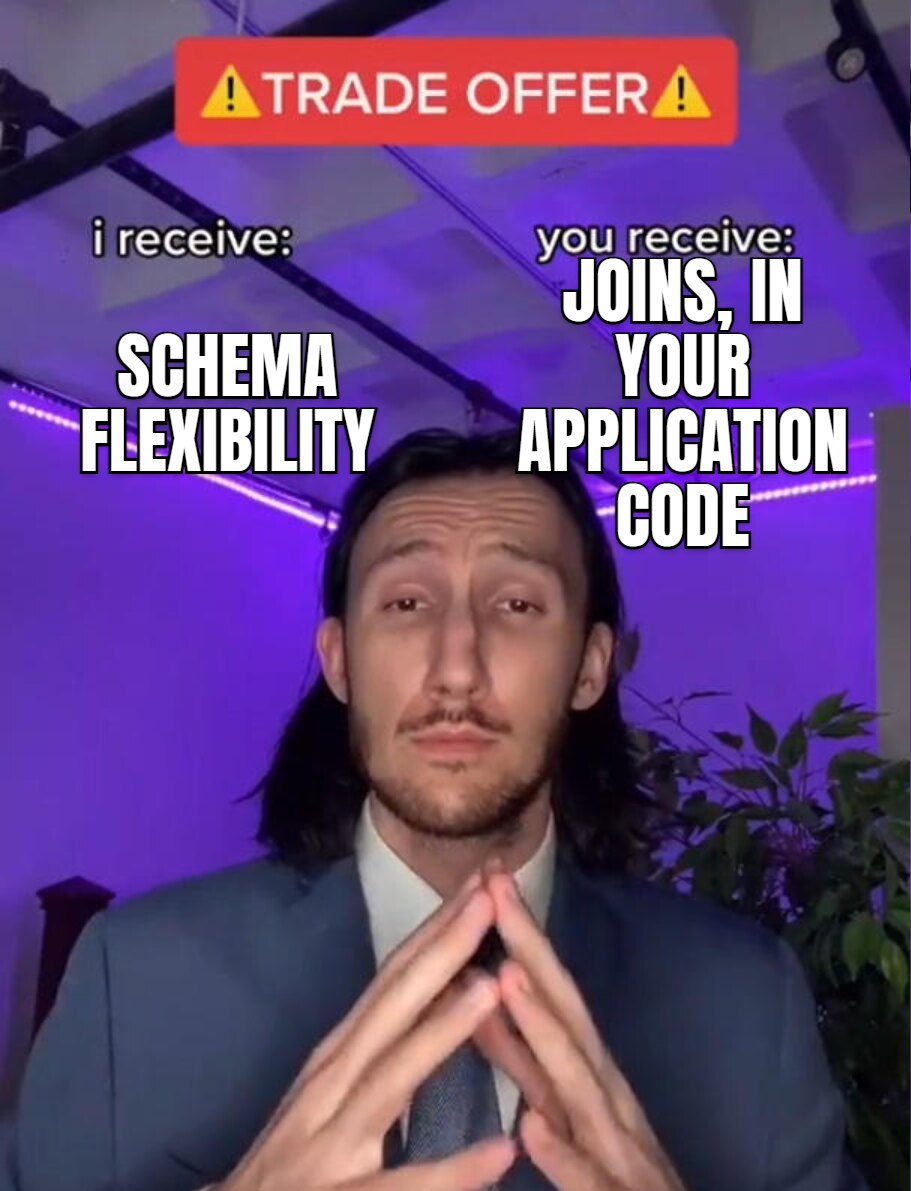 Trade Offer meme. Schema flexibility / Joins, in your application code
