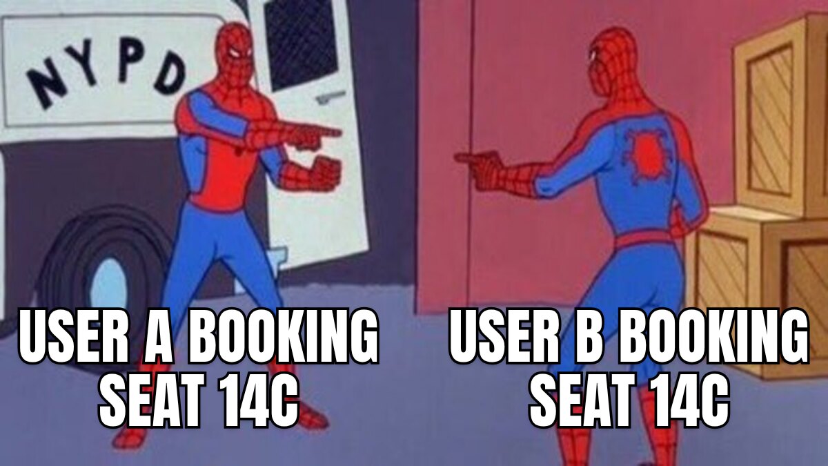 Spider-Man pointing meme. User A booking seat 14C / User B booking seat 14C