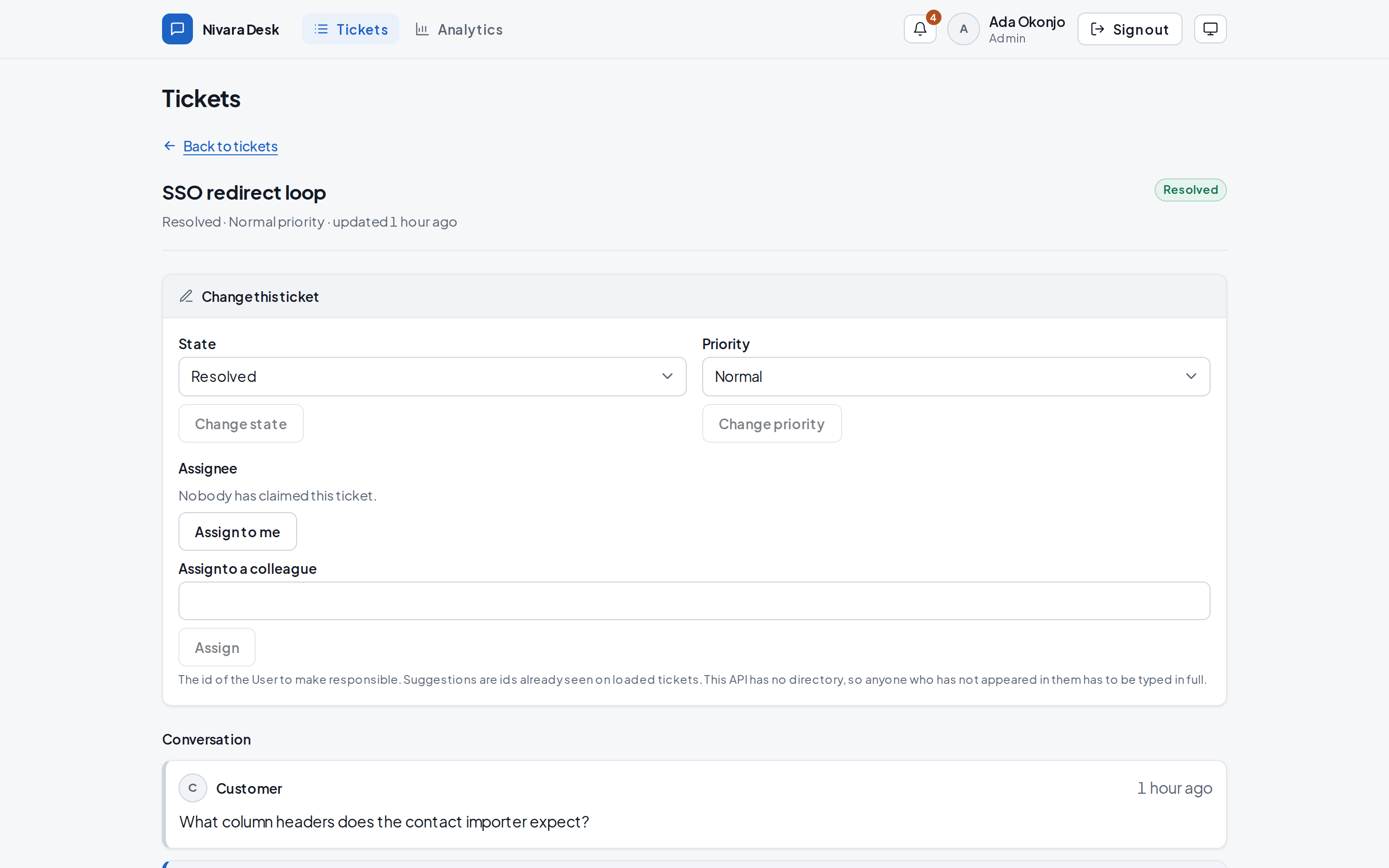 An agent's ticket view showing the customer's question, an answer posted by Automation, and controls for state, priority and assignee.